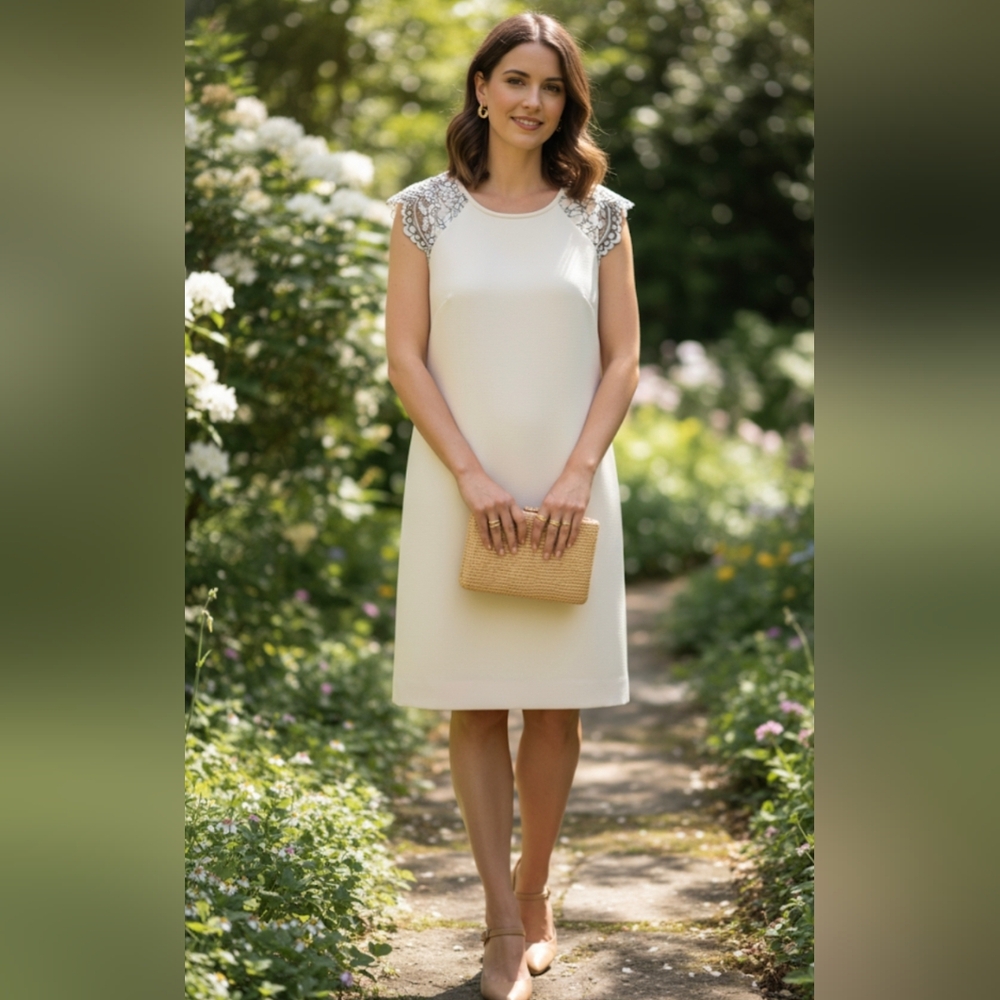 💚 J. Crew Cream Dress with Lace Shoulders